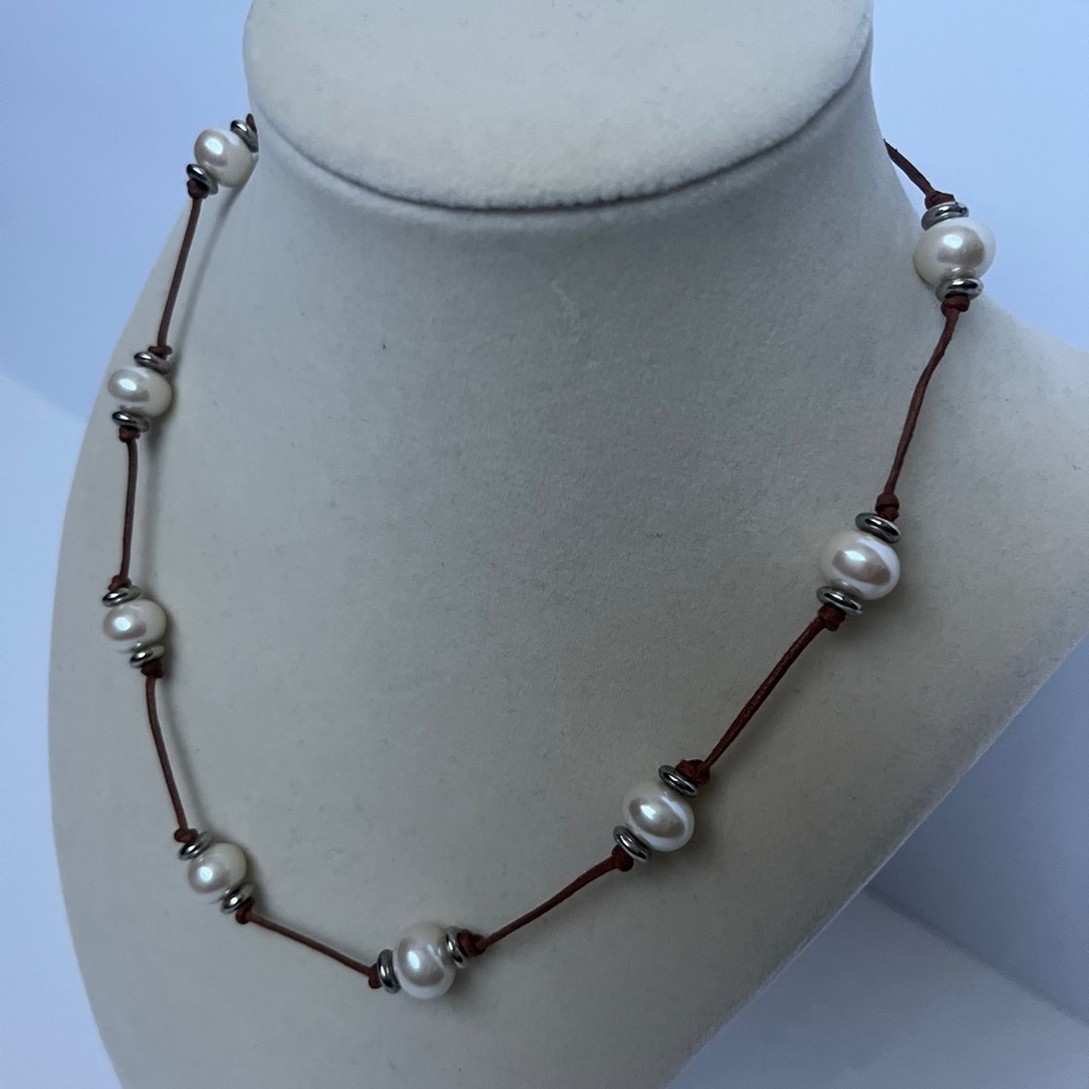 Pearl, silver and brown suede cord necklace 
*measures 18 1/2” total length